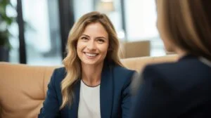 Smiling businesswoman in a professional meeting, representing employer designation assistance.
