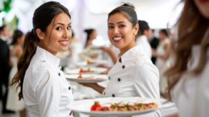 Two female food service workers smiling while serving food, illustrating international hiring in hospitality.