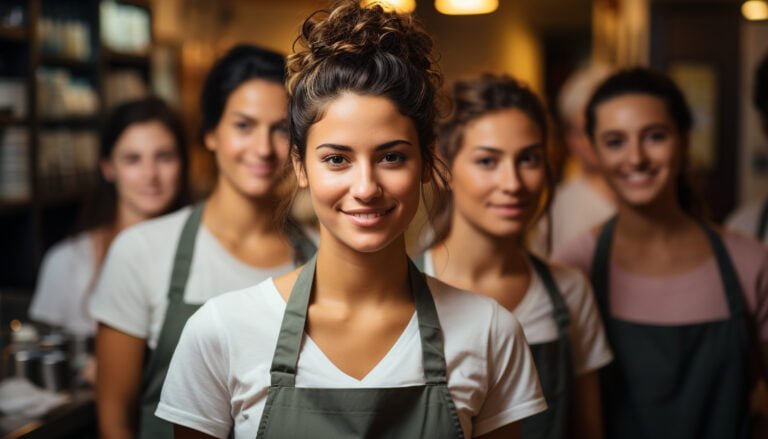 Group of young women in aprons smiling inside a restaurant, representing international hospitality workers.