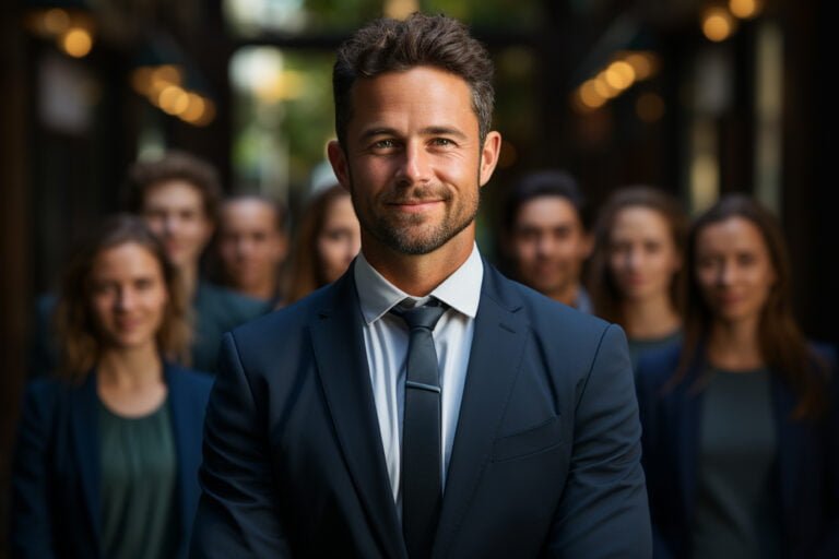 Confident male professional standing in front of diverse team in business attire