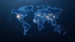 World map illuminated by network connections representing global talent acquisition.
