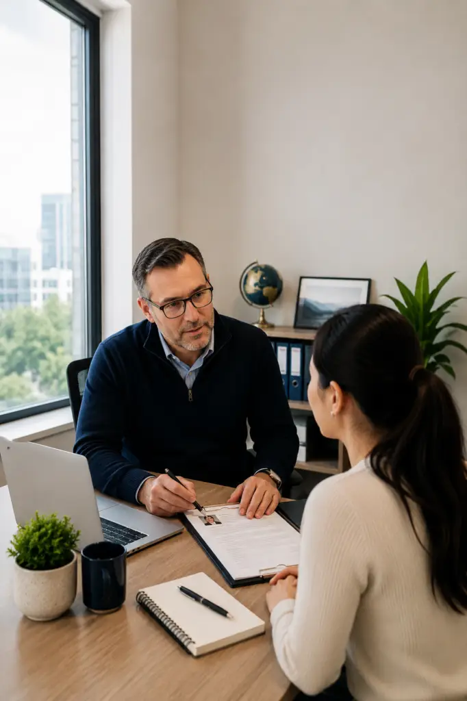 Professional international recruitment consultation between a recruitment advisor and a candidate discussing career and employment opportunities.