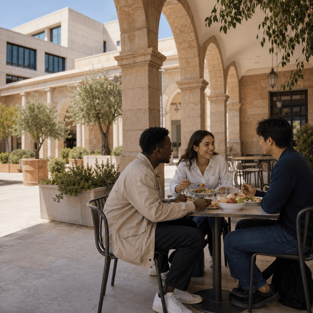 Students discussing their international education journey on a university campus