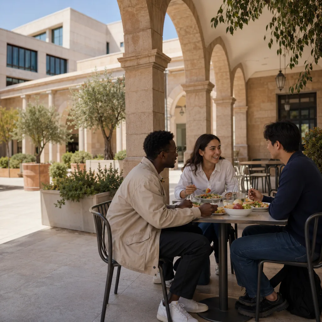 Students discussing their international education journey on a university campus